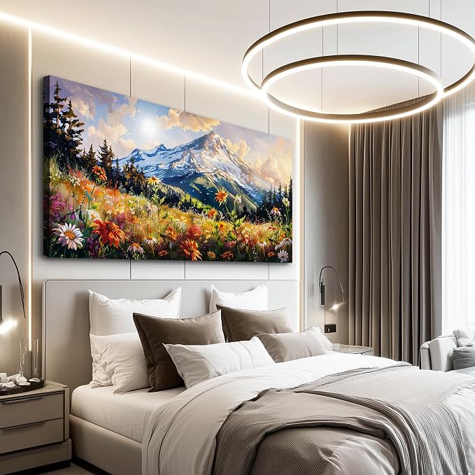 FUHAIHUA Large Framed Wall Decor For Living Room Canvas Wall Art For Office Farmhouse Wall Decorations For Bedroom Mountain Flower Landscape Paintings Modern Pictures Artwork Home Decor 24x48 In