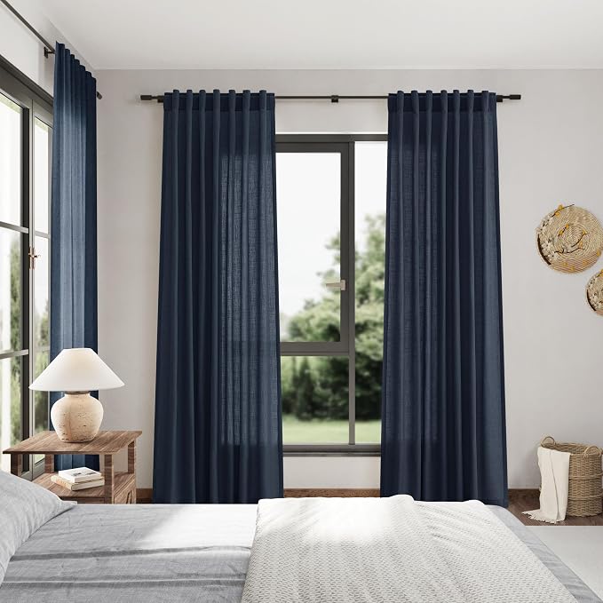Vintage Blue Linen Curtains 90 Inch Long 2 Panels Set for Bedroom Living Room Vintage Blue Soft Linen Textured Window Drapes Semi Sheer Light Filtering Rod Pocket Back Tab Farmhouse Curtain 52x90