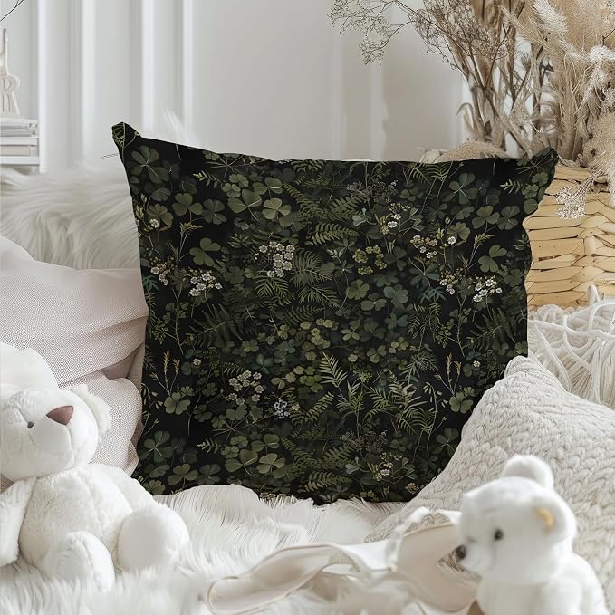Dark Green Botanical Pillow Covers 18x18, Dark Cottagecore Room Decor, Vintage Moody Green Plant Wildflower Floral Decorative Throw Pillow Covers for Home Bedroom Living Room