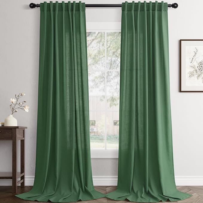 Jowels Green Linen Curtains 84 Inch Long 2 Panels for Living Room | Light Filtering Semi Sheer Curtain, Back Tab Pocket Pleated Look, Boho Farmhouse Textured Privacy Drapes for Bedroom Window