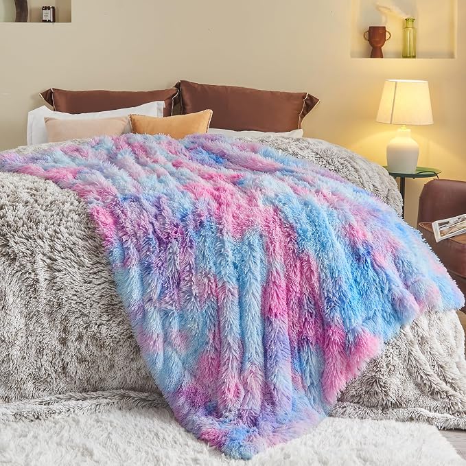 GONAAP Fuzzy Faux Fur Queen Blanket for Couch, Purple Rainbow, 90"x90" | Warm Cozy Plush Shaggy Decorative Reversible Thick Non-Heated Fleece Blanket for Sofa Bed, Gift for Women Men, All Season Use