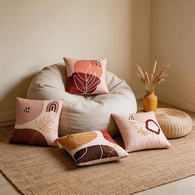 Boho Throw Pillow Covers 18x18 Set of 4 Terracotta Blush Minimalist Abstract Art Cushion Covers with Hidden Zipper, Soft Polyester Double Sided Print, Machine Washable, No Inserts
