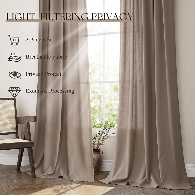Jowels Dark Taupe Linen Curtains 90 Inch Long 2 Panels for Living Room | Light Filtering Semi Sheer Curtain, Back Tab Pocket Pleated Look, Boho Farmhouse Textured Privacy Drapes for Bedroom Window