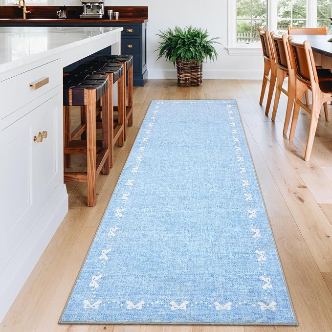 COZYLOOM 2x6 Kitchen Runner Rug Bow Bordered Long Rugs for Hallway, Solid Color Throw Rugs with Rubber Backing Washable, Non Shedding Stain Resistant Modern Carpet for Entryway, Bedroom, Blue