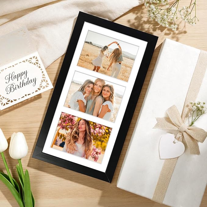 Golden State Art Collage Frame 7x14 Matted 3 4x6 Photos Wood Black, 3 Pack