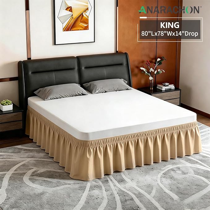 ANARACHON King Bed Skirt, Elastic Wrap Around Bed Skirt King Size, Bed Skirts for Adjustable Bed, Easy Fit with 14" Drop Length Tailored Drop Dust Ruffle (Gold)