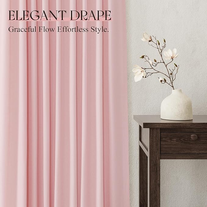 Jowels Pink Linen Curtains 48 Inch Long 2 Panels for Living Room | Light Filtering Semi Sheer Curtain, Back Tab Pocket Pleated Look, Boho Farmhouse Textured Privacy Drapes for Bedroom Window