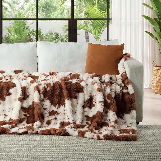 Lotus Karen Faux Fur Throw Blanket Cow Print-Light Brown, Fluffy Fuzzy Plush Bubble Blanket for Couch, 90x90 InchesCozy Shaggy Rabbit Blanket, Luxury Decorative Gifts for Sofa Bedroom Living Room.