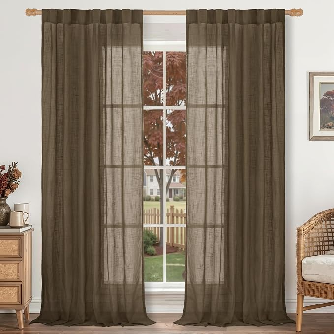 Brown Sheer Curtains 102 Inch Faux Linen Back Tab 2 Panels