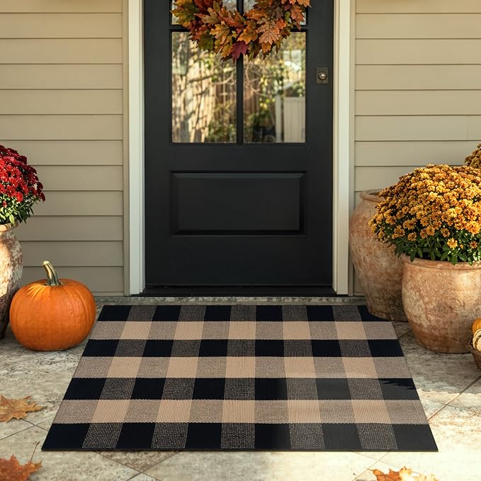 LEEVAN Buffalo Plaid Outdoor Rug, Washable Checkered Front Porch Rug | 27.5x43 Inch Black and Tan Earthy Tones Cotton Woven Farmhouse Decor Neutral Layered Door Mats for Entryway Kitchen Bedroom