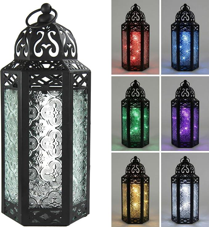Vela Lanterns Decorative Indoor Fairy Light Color Changing Candle Holder, M | Multicolor Fantasy Lamp, Diwali & Ramadan Decorations, Eid Mubarak, Turkish Moroccan Metal Hanging, Patio, 10.5" Tall