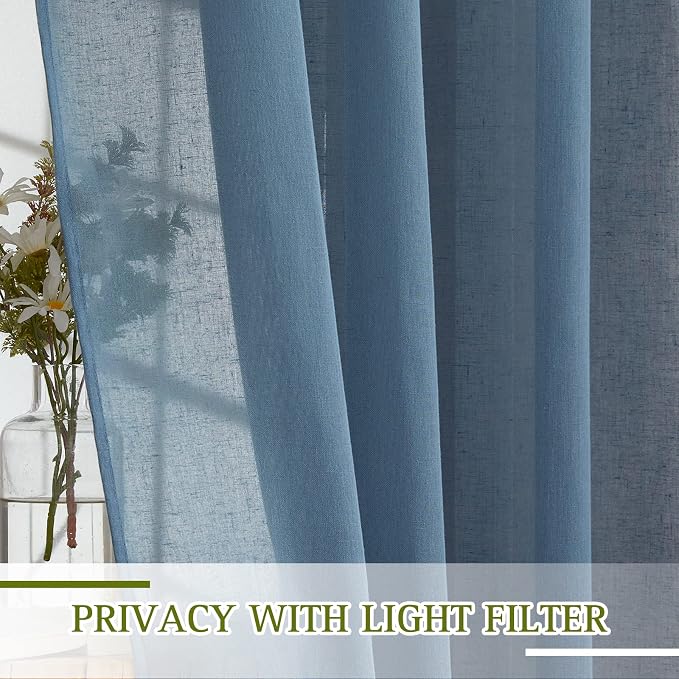 NICETOWN Linen Sheer Stone Blue Curtains 63 inch Length, Grommet Top Casual Semi Sheer Privacy Window Drapes with Light Penetration for Beach House/Bedroom, W52 x L63, 2 Panels