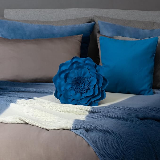 JWH Handmade Flower Throw Pillow Cover Decorative Peony Pillow Case Round Cushion Floral Pillowcase for Bedroom Bed Couch Living Room 14 Inch Royal Blue