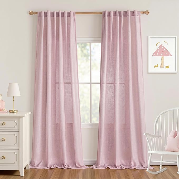 MYSKY HOME Extra Long Country Curtains for Sliding Glass Door Windows, Back Tab Semi Sheer Living Room Curtain Panels Ceiling to Floor Length Drapes Linen Texture Soft, 50 x 108 in, Pink, Set of 2