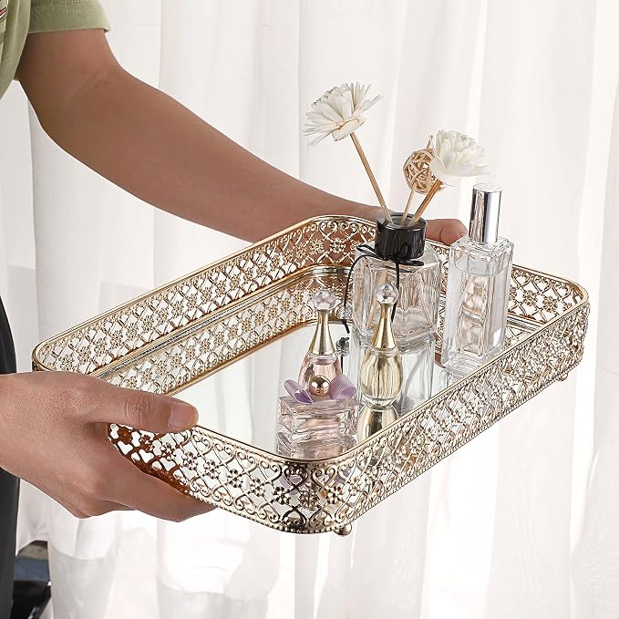 ELLDOO Gold Mirror Glass Perfume & Makeup Vanity Tray, Medium Size