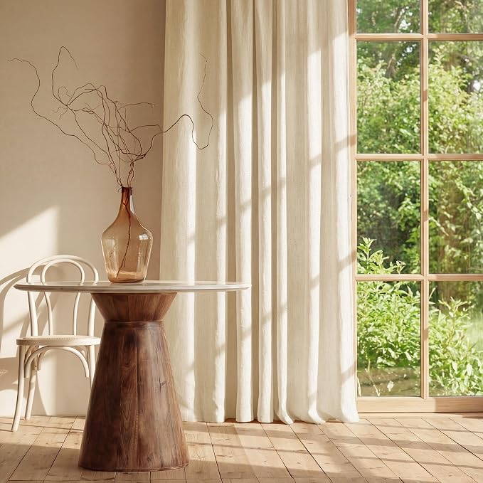NICETOWN Linen Beige Curtains 102 inchesLong for Bedroom, Rod Pocket & Back Tab Privacy Added with Light Filtering Thick Flax Semi Sheer Window Treatments for Living Room, W55 x L102, 2 Panels