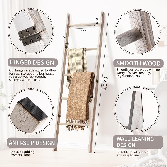 XLHOMO 5-Tier Wooden Blanket Ladder, 63" Rustic Leaning Blanket Rack for Living Room, Decorative Quilt and Towel Holder for Bedroom Bathroom Farmhouse Home Decor, White