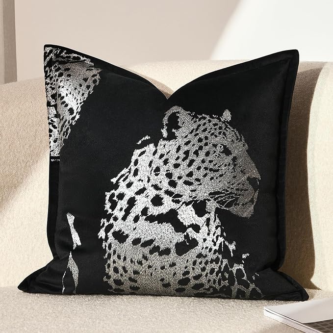 Velvet Throw Pillow Covers 18x18'' inches, New Upgrade Handmade Embroidered Cheetah Leopard Face Pillow Covers, Decorative Cushion Cover for Sofa Bed Living Room(Silver)