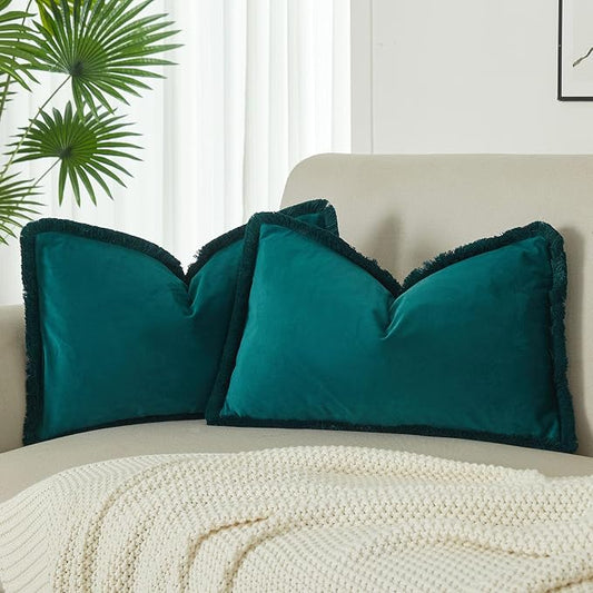 JUSPURBET Peacock Blue Decorative Velvet Fringe Throw Pillow Covers 16x24 Set of 2 Boho Soft Cushion Case for Home Decor Living Room Couch Sofa Bed