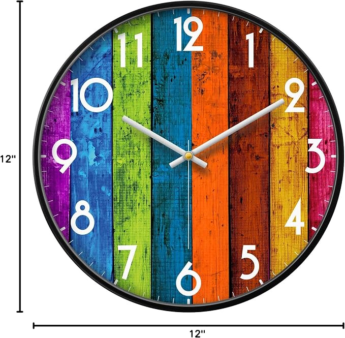 Silent Non-Ticking Analog Wall Clock, Colorful Wood Print, 12'' | Battery Operated, Modern, Metal Frame & HD Tempered Glass, Decorative for Home & Office, Bedroom, Kitchen, Living Room