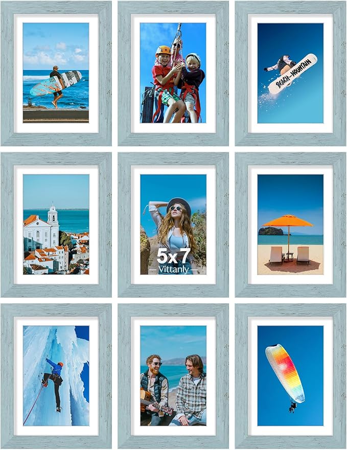 Vittanly 5x7 Picture Frames Set of 9, Wall & Tabletop, Rustic Blue | Display Pictures 4x6 with Mat or 5x7 without Mat, Small Photo Frames, Engineered Wood with Shatter Resistant Plexiglass