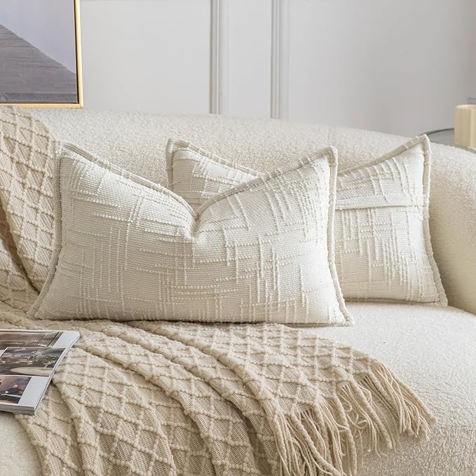 MADIZZ Pack of 2 Chenille Throw Pillow Covers 12x20 Inch Cream White Soft Neutral Decorative Throw Pillows for Couch Sofa Boho Accent Cushion Covers Modern Farmhouse Home Decor for Bedroom Living Room
