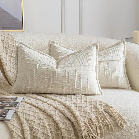 MADIZZ Pack of 2 Chenille Throw Pillow Covers 12x20 Inch Cream White Soft Neutral Decorative Throw Pillows for Couch Sofa Boho Accent Cushion Covers Modern Farmhouse Home Decor for Bedroom Living Room