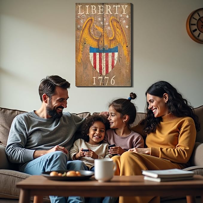Framed Liberty 1776 Bald Eagle Wall Art, Patriotic Vintage Canvas Art Pictures, USA Flag Wall Decor, Made in USA Ready to Hang for Office Man Cave