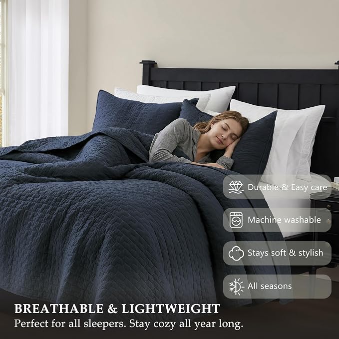 palassio Navy Blue 100% Cotton Quilt King Size Bedding Sets with 2 Pillow Shams, Textured Lightweight Soft Bedspread Shabby Chic Coverlet, Quilted Comforter Bed Cover for All Season, 3 Pieces