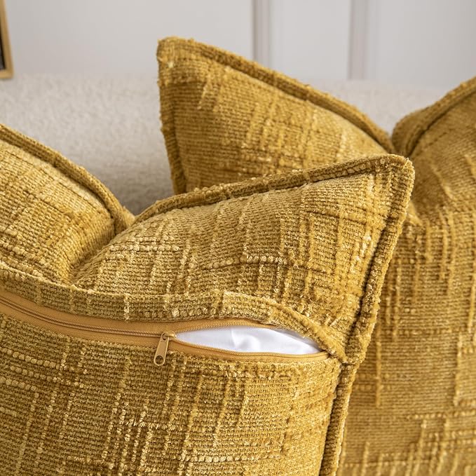 MADIZZ Pack of 2 Chenille Throw Pillow Covers 24x24 Inch Yellow Soft Neutral Decorative Throw Pillows for Couch Sofa Boho Accent Cushion Covers Modern Farmhouse Home Decor for Bedroom Living Room