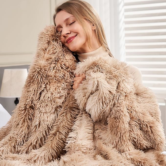 GONAAP Fuzzy Faux Fur Throw Blanket for Couch, Tie-dye Beige, 50"x60" | Warm Cozy Plush Shaggy Decorative Reversible Thick Non-Heated Fleece Blanket for Sofa Bed, Gift for Women Men, All Season Use