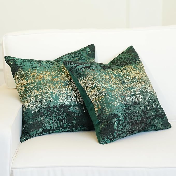 THE-TINOART Pack of 2 Modern Christmas Throw Pillow Covers 20x20, Green and Gold Jacquard Woven Pillow Covers, Luxury Holiday Decor for Couch Sofa Bed