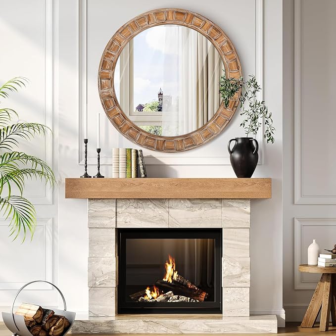 30 Inch Brown Solid Wood Round Wall Mirrors | Decorative Circle Mirror for Bathroom, Bedroom, Living Room, Hallway, Foyer, Entryway