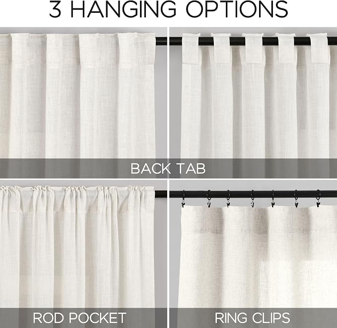 Beige White Linen Curtains for Living Room 86 Inches Long Back Tab and Rod Pocket Light Filtering Semi Sheer Curtain Rustic Farmhouse Decor Luxury Drapes for Bedroom Office 52x86, 2 Panels