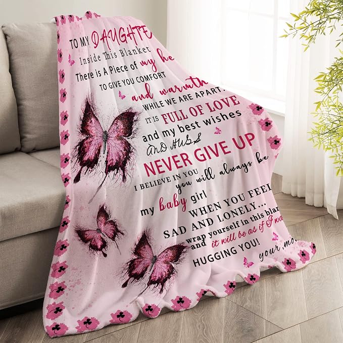 Daughter Blanket from Mom, Daughter Gifts from Mom, Daughters Birthday Gifts, Christmas Birthday Gift for Daughters Adult, Soft Flannel Throw Blanket, Pink Butterfly, 60"x50"