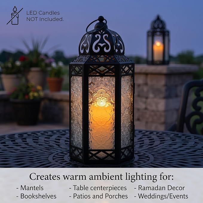 Vela Lanterns Decorative Indoor Candle Holder Table Centerpieces - Moroccan Hanging Outdoor Patio & Porch Home Decor, Turkish Lamp for Wedding, Ramadan (Large 12", Clear Glass)