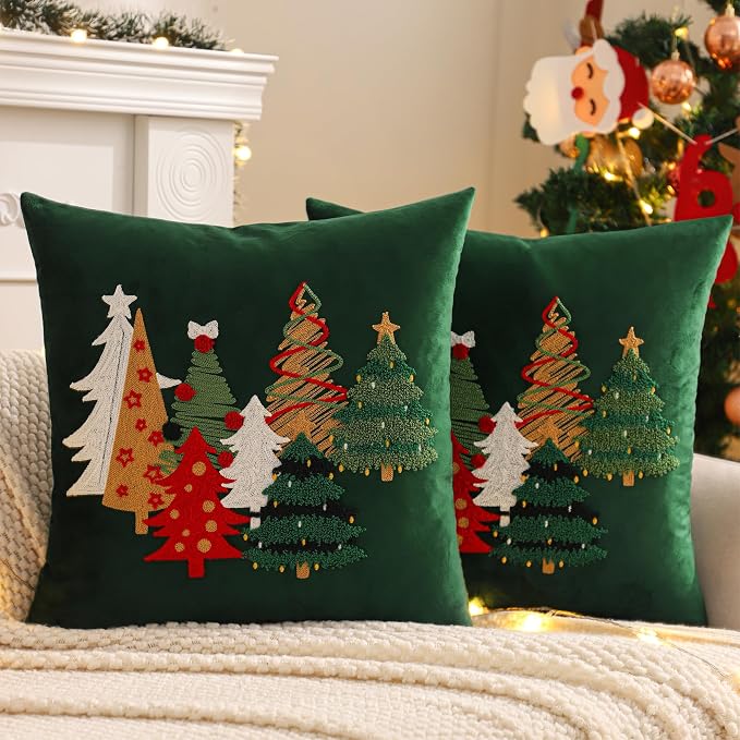 Christmas Throw Pillow Covers 18x18 Set of 2 Forest Green Tree
