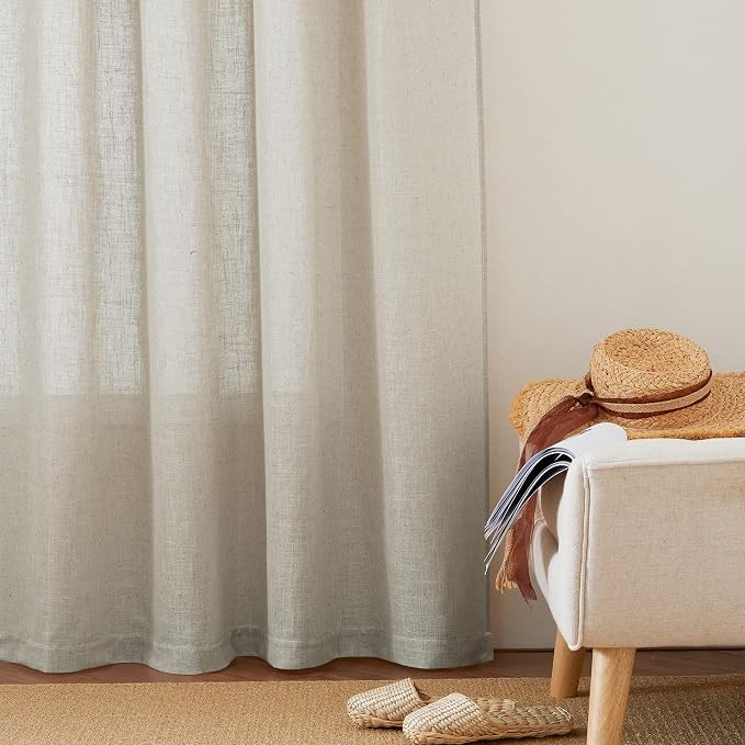 RYB HOME Linen Sheer Curtains - Semi Sheer Privacy Drapes for Bedroom Living Room Kitchen Bathroom Cafe Picture Window Decor, Angora, 52 inch Width x 90 inch Length, 1 Pair | Linen Textured, Light Filtering Privacy, Light Airy Sheer, Rod Pocket, Living...