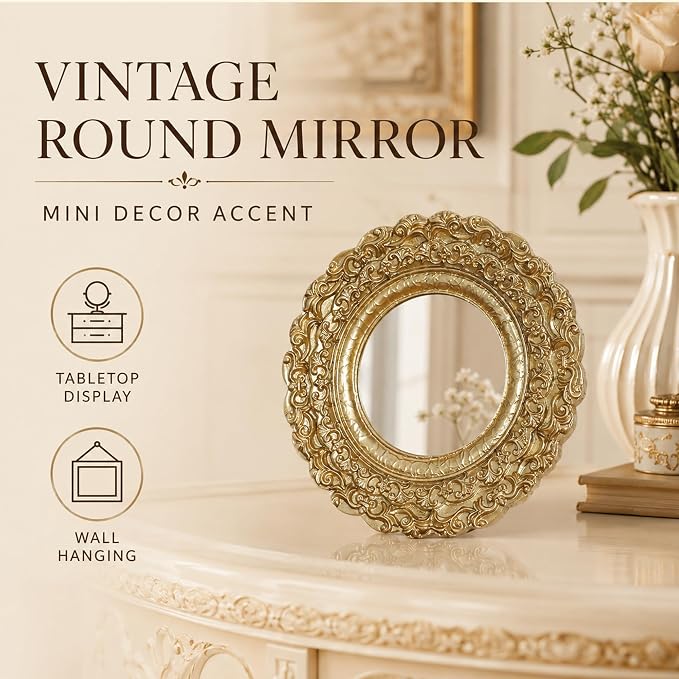 Golden Mini Vintage Mirror with Exquisite Relief Elegant Wall Decor for Bedroom Dresser Table Compact Resin Retro Design (Gold Round, 5X5)