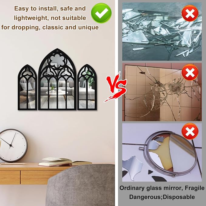 3Pcs Wall Arch Mirrors Set Gothic Wall Mirror Decor Cathedral Arched Mirror Decor Decorative Arched Wall Mirror for Living Room Bedroom Entryway Bathroom Vanity(white)