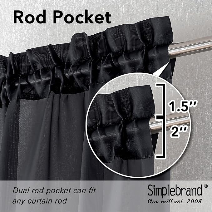Simplebrand Black Sheer Curtains 96 Inches Long, Light Filtering Rod Pocket Solid Color Window Sheer Curtain Panels, Elegant Curtains & Drapes for Living Room, Bedroom 2 Panels (Black, 59" W x 96" L)