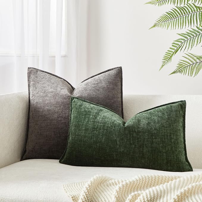JUSPURBET Set of 2 Green Chenille Lumbar Throw Pillow Covers 16x24 Inch Soft Textured Decorative Cushion Cases for Couch Sofa Bed Solid Home Decor Pillowcases