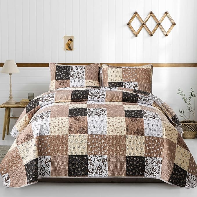 Mybedsoul Brown Quilt Set Full Size, Patchwork Floral Bedding Set | Soft Lightweight Microfiber Coverlet Set, 3 Pieces Plaid Reversible Bedspread, Bed Sets for All Seasons 78"x90"