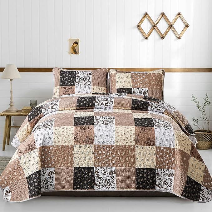 Mybedsoul Brown Quilt Set Twin Size Dorm Bedding, Patchwork Bedding Set | Soft Lightweight Microfiber Floral Coverlet Set, 2 Pieces Plaid Reversible Bedspread, Bed Sets for All Seasons 68"x86"