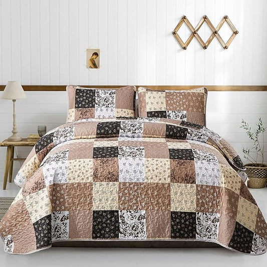 Mybedsoul Brown Quilt Set Twin Size Dorm Bedding, Patchwork Bedding Set | Soft Lightweight Microfiber Floral Coverlet Set, 2 Pieces Plaid Reversible Bedspread, Bed Sets for All Seasons 68"x86"