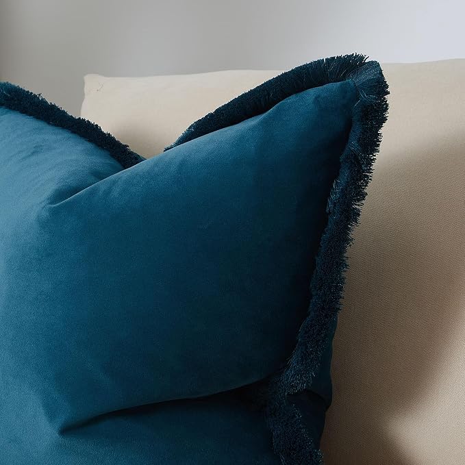 JUSPURBET Prussian Velvet Throw Pillow Covers 26x26 Inch Set of 2 with Soft Tassel Fringe Luxury Boho Pillowcase for Sofa Couch Bed Home Decor Machine Washable