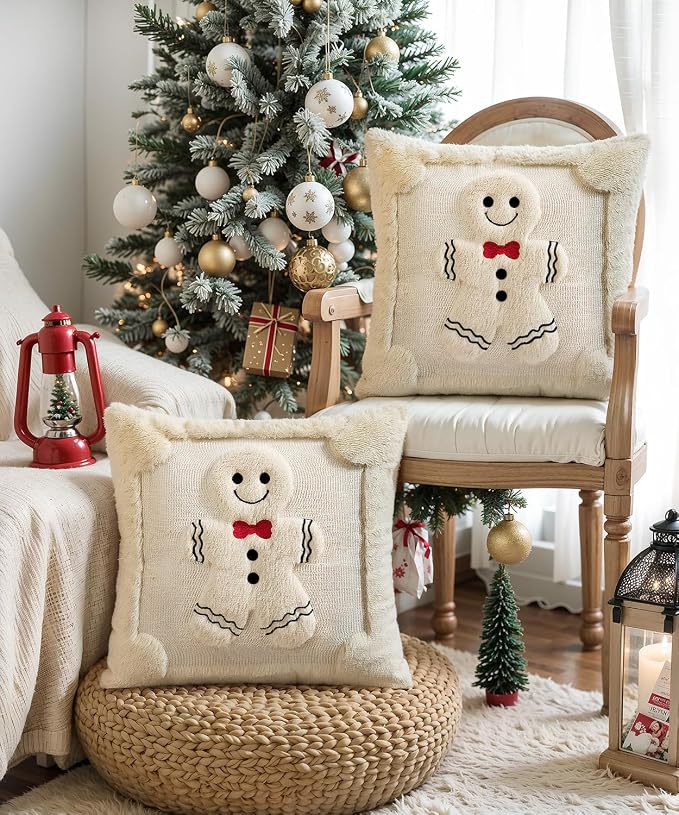 Christmas Pillow Covers Set of 2 Soft Plush Faux Fur Pillow Cases 3D Embroidered Decorative Couch Cover Home Decor Christmas Throw Pillow Covers 18x18,Beige Gingerbread Man