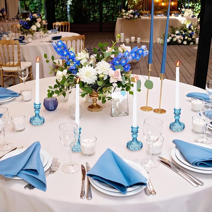 24 Pcs Glass Candle Holder Set 12 Candlestick White Candles,Blue | Clear Glass Holders with Taper Candles for Wedding Party Dinner Table Centerpiece, Elegant Classic Design Event Decor