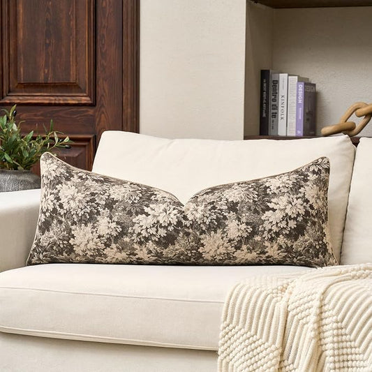 Yangest Neutral Floral Pillow Cover 14 x 36 Inches, Vintage Chenille Accent Throw Pillow Cover Soft Decorative Farmhouse Accent Couch Pillow Cover for Living Room Bedroom, Grey