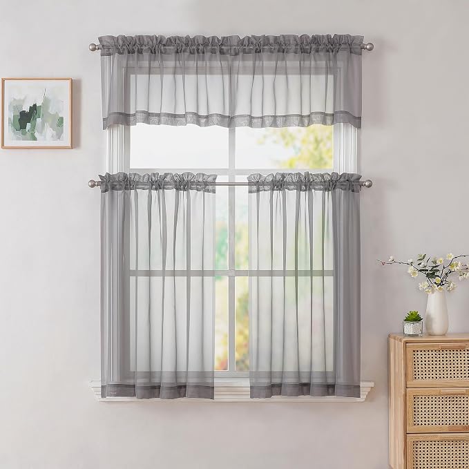 Simplebrand Grey Valances 14 Inches Long for Living Room Pocket 2 Panel Light Filtering Sheer Translucent Valence Toppers for Window Kitchen Bathroom Bedroom 42x14 Inch Length
